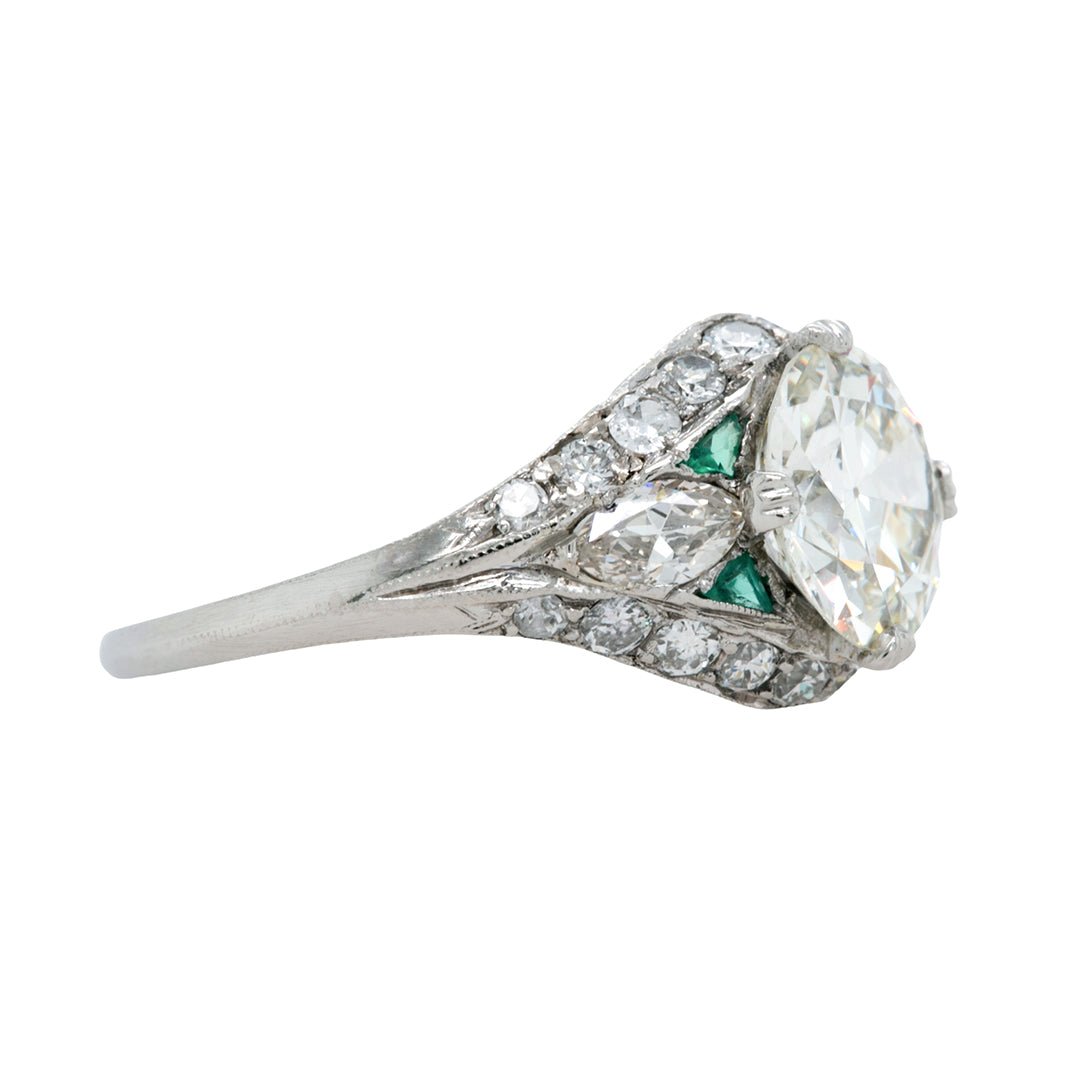 Fabulously Verdant Old Euro & Moval Diamond Art Deco Engagement Ring with Emerald Accents | Emerald Bay