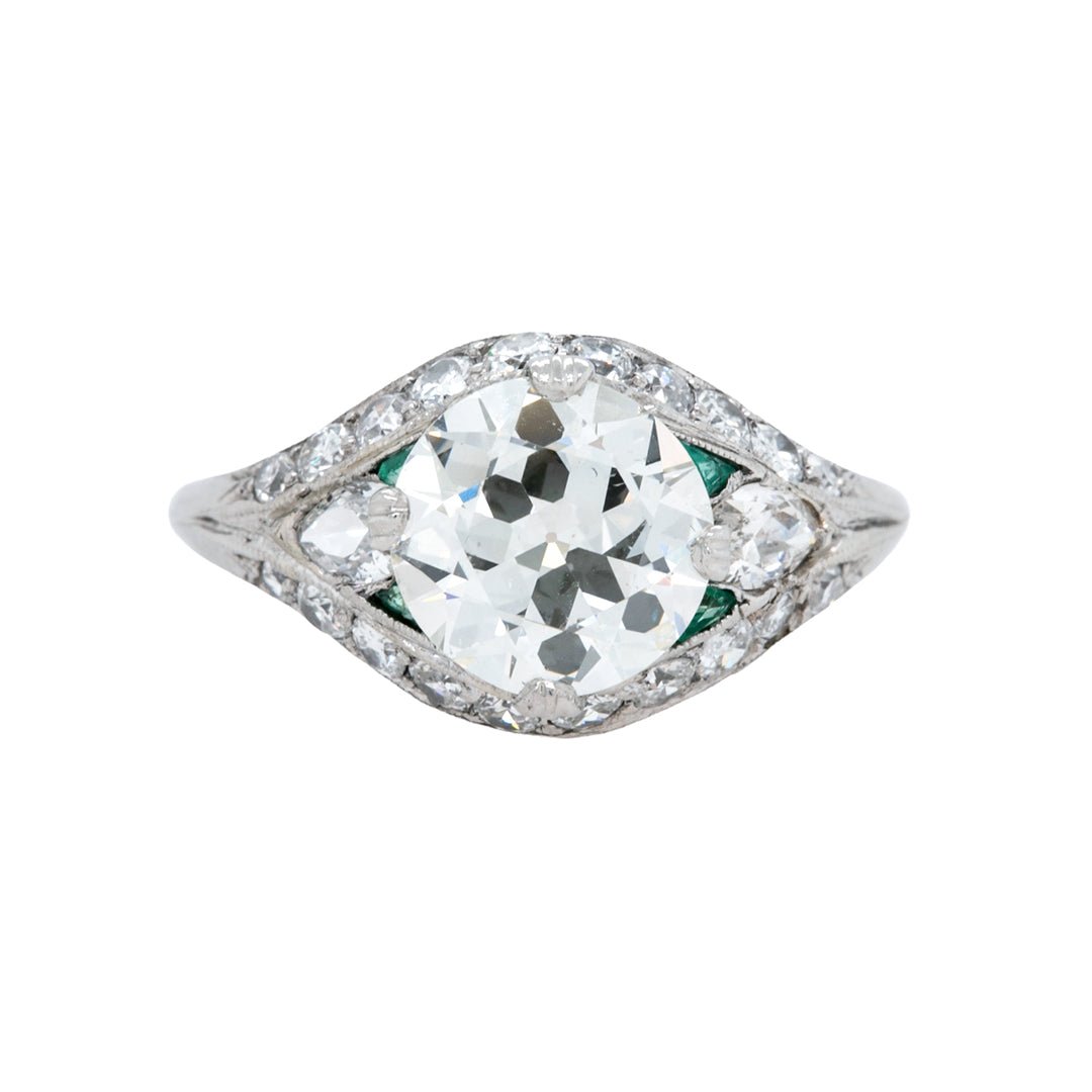 Fabulously Verdant Old Euro & Moval Diamond Art Deco Engagement Ring with Emerald Accents | Emerald Bay