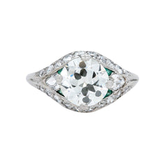 Fabulously Verdant Old Euro & Moval Diamond Art Deco Engagement Ring with Emerald Accents | Emerald Bay