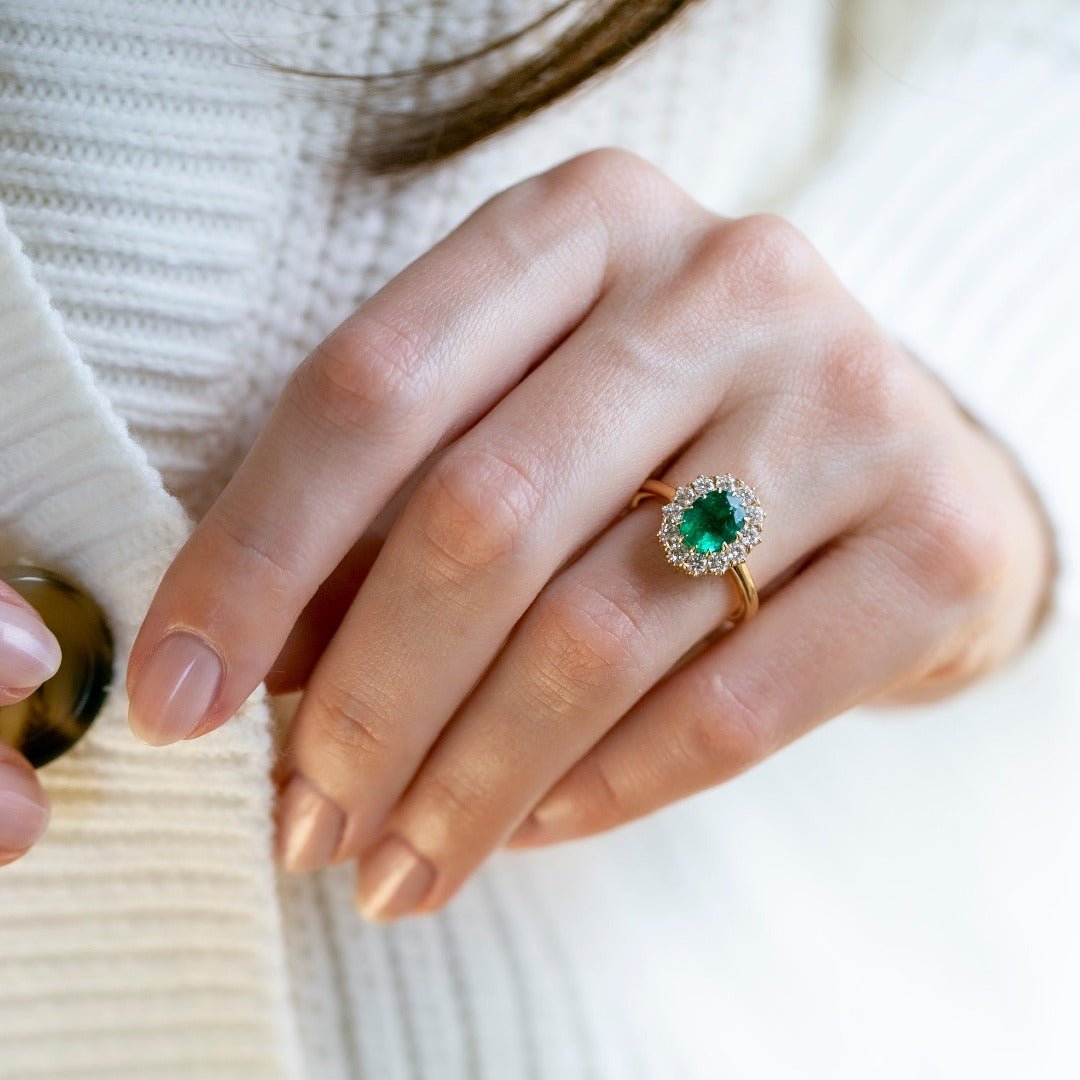 Emerald Braswell | Victorian Inspired Emerald Diamond Halo Vintage Engagement Ring