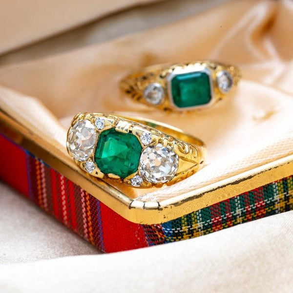 Stately Victorian Emerald & Old Mine Three-Stone Ring | Tully Hill