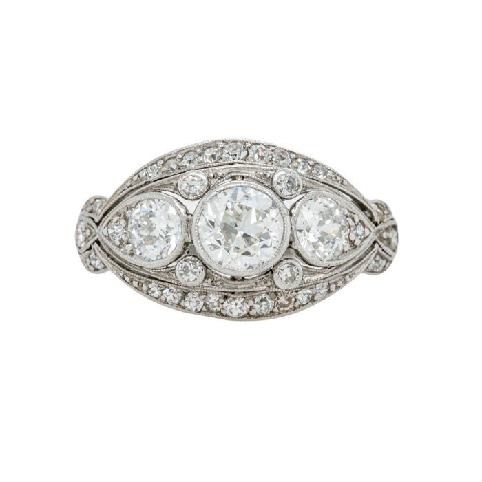 Airy Edwardian Era Three-Stone Diamond Engagement Ring Platinum & Old European Cut Diamonds | Emerson Garden