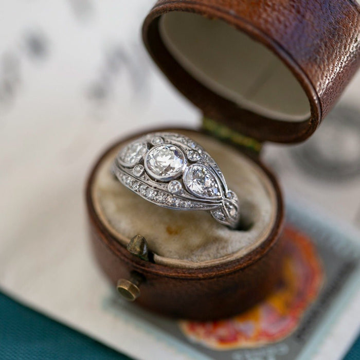 Airy Edwardian Era Three-Stone Diamond Engagement Ring Platinum & Old European Cut Diamonds | Emerson Garden