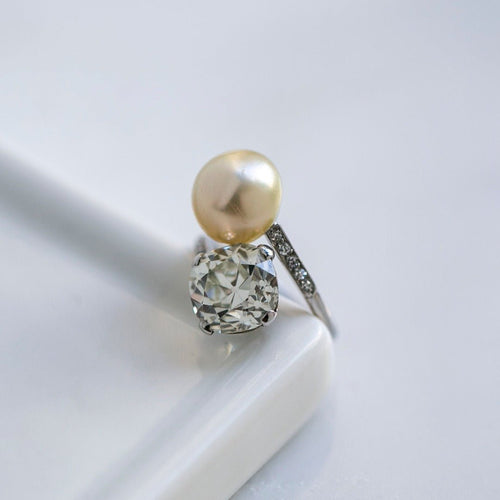 3.94ct Old Mine Cut Diamond & Pearl Art Deco Toi et Moi Ring | Everton