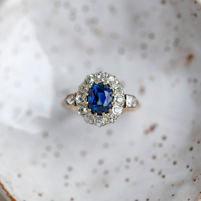 1.55ct Victorian Sapphire & Diamond Halo Engagement Ring | Fielding