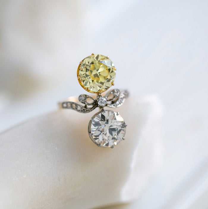 6.50ct Fancy Yellow Toi et Moi Old Euro Diamond Ring | Fleetwood