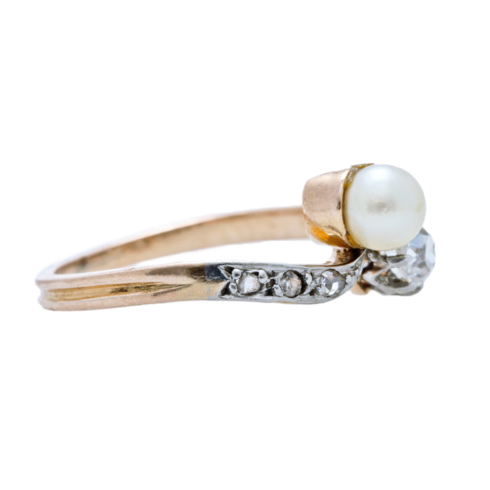 Glendry | An adorable and authentic Art Nouveau 18k rose gold and platinum Toi et Moi ring featuring a diamond and pearl