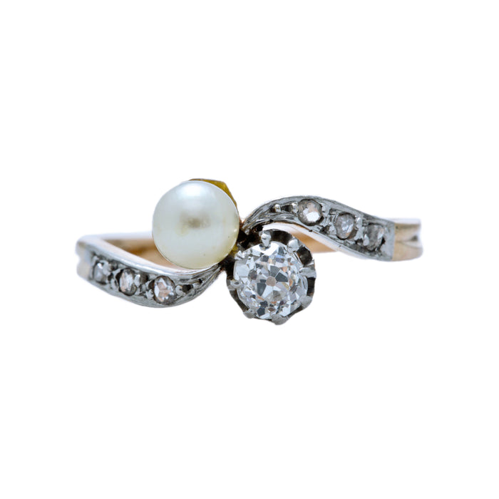 Glendry | An adorable and authentic Art Nouveau 18k rose gold and platinum Toi et Moi ring featuring a diamond and pearl