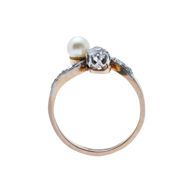 Glendry | An adorable and authentic Art Nouveau 18k rose gold and platinum Toi et Moi ring featuring a diamond and pearl
