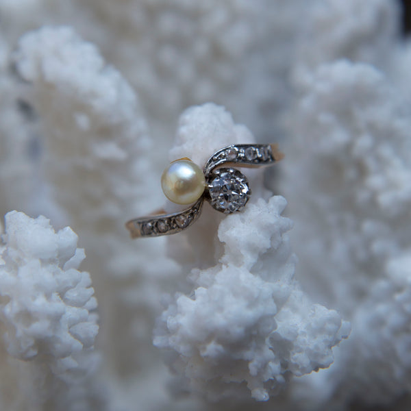 Glendry | An adorable and authentic Art Nouveau 18k rose gold and platinum Toi et Moi ring featuring a diamond and pearl