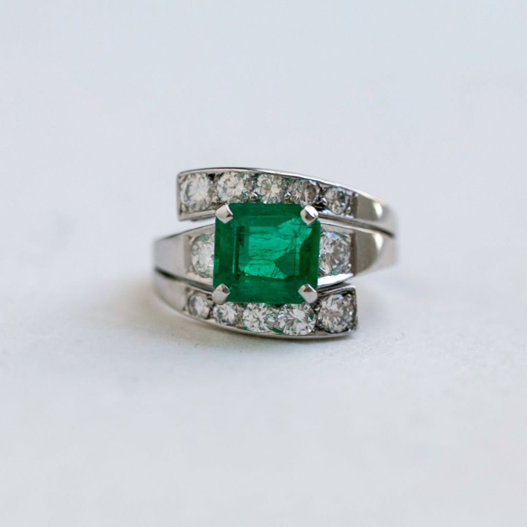 Mid-Century Emerald & Diamond Bypass Cocktail Ring | Greenboro Hill