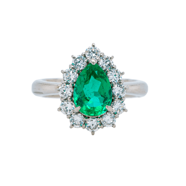 Gorgeous Green Pear Shaped Emerald & Diamond Halo | Greenbrier Falls