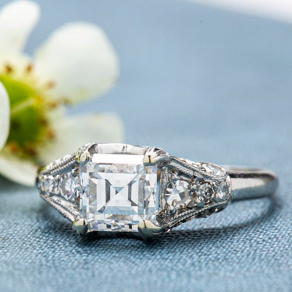 A Stunning Art Deco Platinum and Carre Cut Diamond Engagement Ring | Groveland