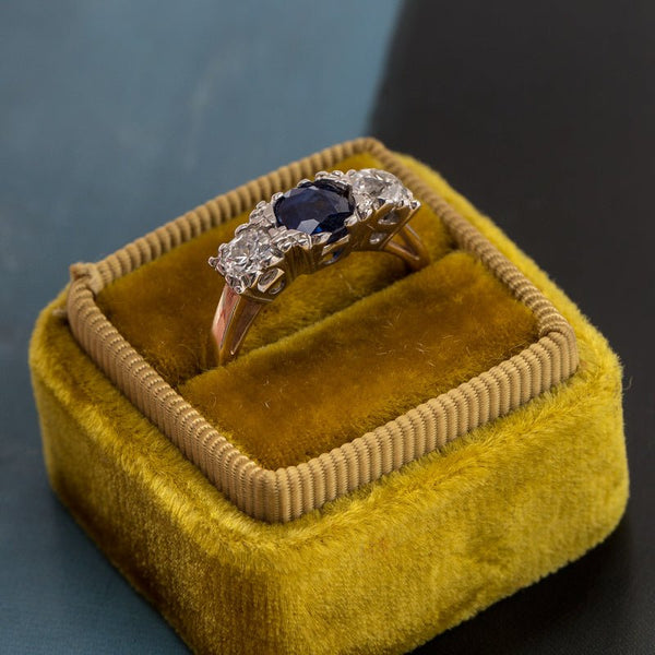 Traditional Vintage Victorian Era Three Stone Engagement Ring with Sapphire and Diamonds | Hammersmith from Trumpet & Horn
