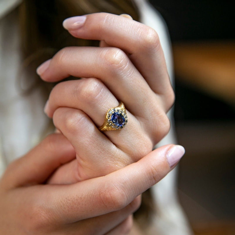 Incredible Victorian Yellow Gold, Unheated Sapphire and Diamond Halo Ring