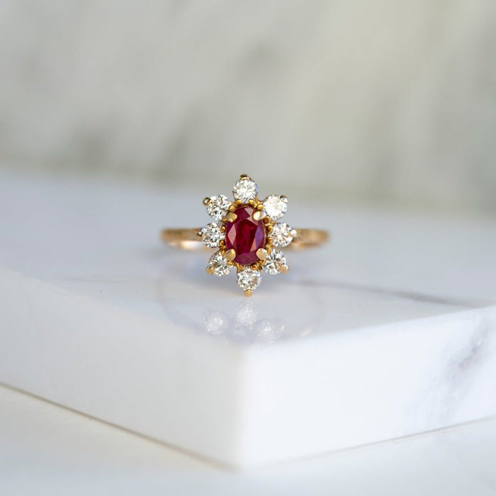 Fun 1970s Ruby & Diamond Halo Ring with French Hallmarks | Harwood