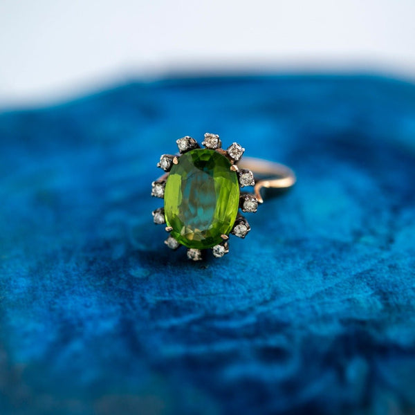 10ct Vintage Peridot and Diamond Halo Cocktail Ring | Hithergreen