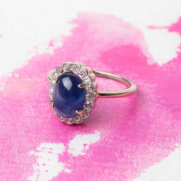Alluring Victorian Era Cabochon Sapphire Ring with Old Mine Cut Diamond Halo | Hobart from Trumpet & Horn