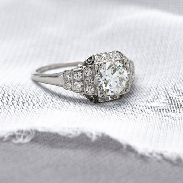Structured & Scrolling Art Deco Diamond Halo Ring | Holderness