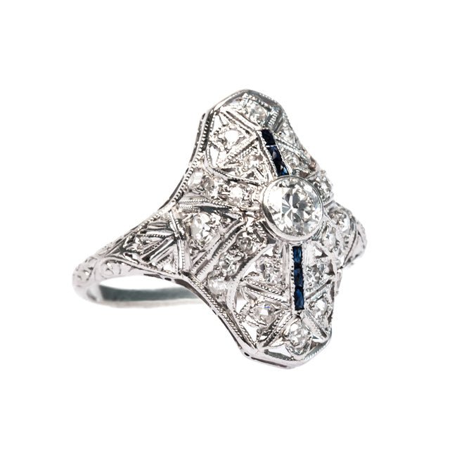 Holyoke Edwardian Navette Engagement Ring with Old European Cut Diamond and Sapphires | Trumpet & Horn