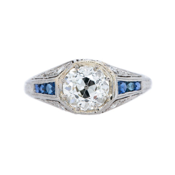 Sapphire & Old European Cut Diamond Art Deco Engagement Ring | Junewood