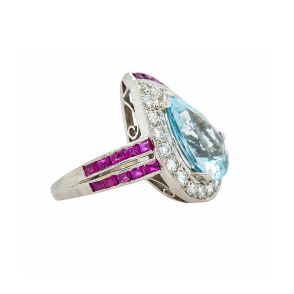 Whimsical Aqua Cocktail Ring with Diamond & Ruby Halo | Kalispell