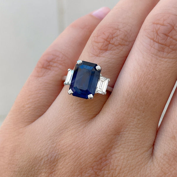 Clean Modern Octagonal Step Cut Sapphire & Diamond Three-Stone Engagement Ring | Kennicott