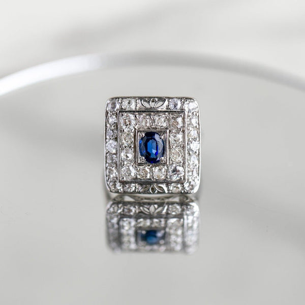 Deco Platinum Sapphire & Old Mine Cut Double Halo Ring | Kennington