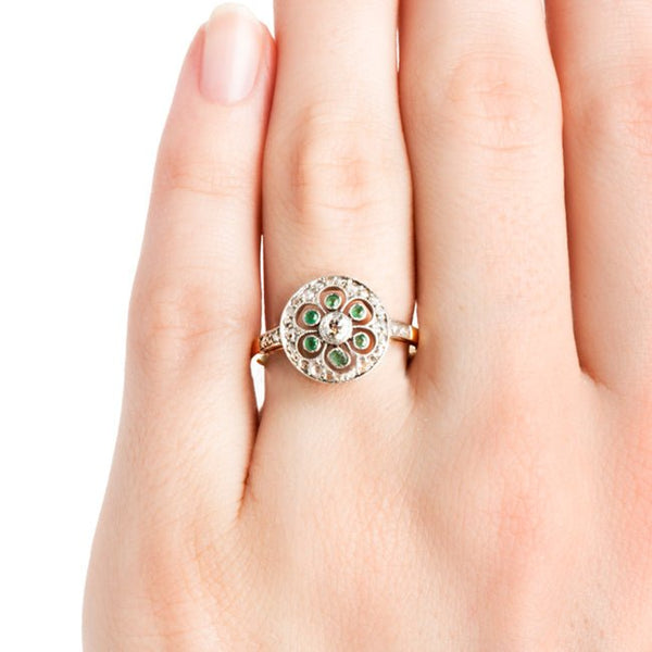 Antique Edwardian Diamond Emerald Flower Ring