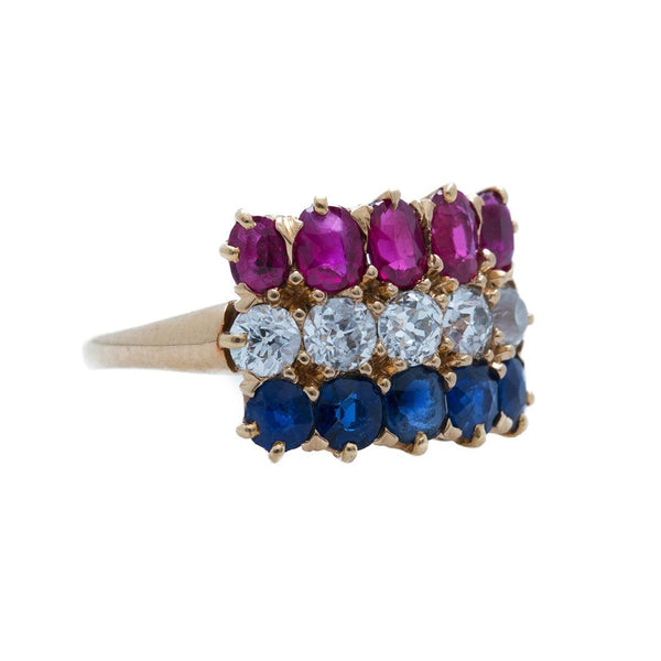 An incredible Victorian era 18k Rose Gold, Diamond, Sapphire and Ruby Engagement Ring | Liberty Fleet