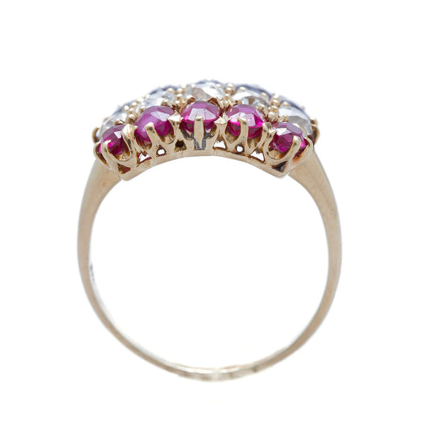 An incredible Victorian era 18k Rose Gold, Diamond, Sapphire and Ruby Engagement Ring | Liberty Fleet