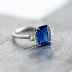 3.23ct Modern Sapphire and Diamond Three-Stone Ring with Trapezoids