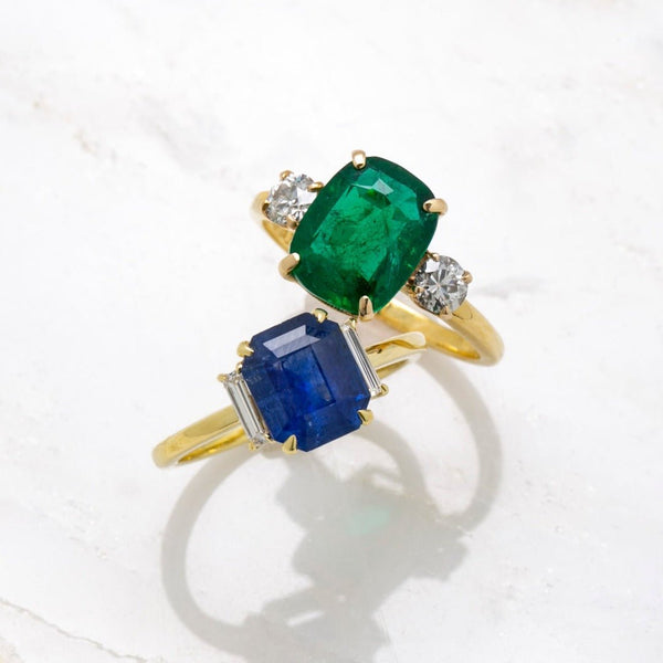 Sweet Sapphire & Diamond Three Stone Modern Engagement Ring | Saugatuck