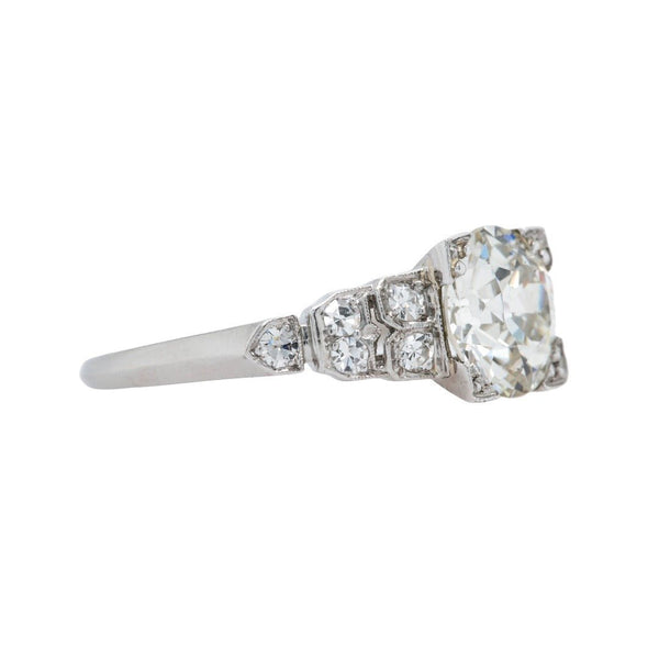 Art Deco Era Platinum Diamond Engagement Ring with Glittering 1.83ct Old European Cut Diamond and Sparkling Diamond Encrusted Shoulders