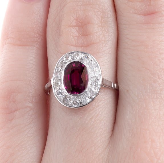 Spectacular Vintage Unheated Ruby Ring with Oval Diamond Halo | Longhaven from Trumpet & Horn