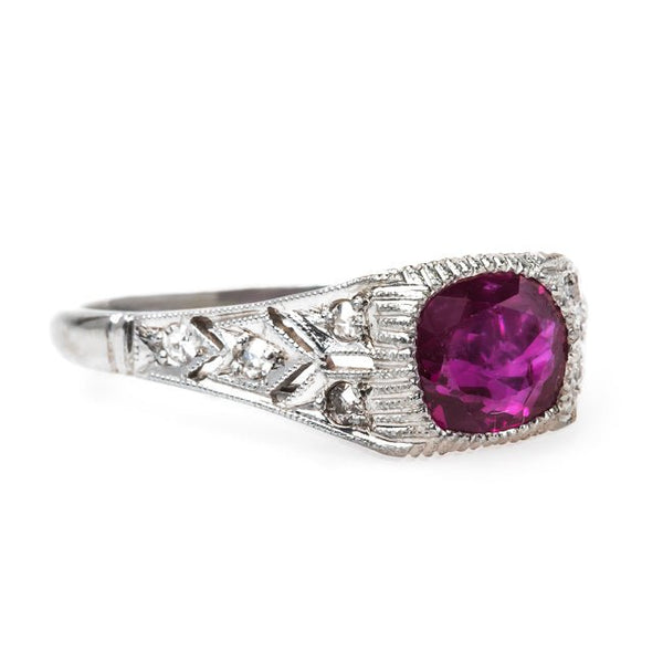 Cheerful Art Deco Platinum Engagement Ring with Deep Red Burma Ruby | Madeira from Trumpet & Horn