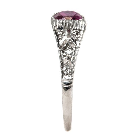 Cheerful Art Deco Platinum Engagement Ring with Deep Red Burma Ruby | Madeira from Trumpet & Horn