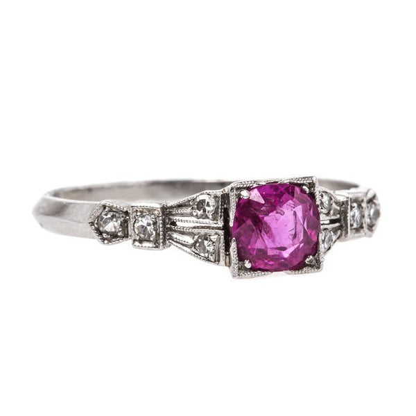 Classic Art Deco Platinum Engagement Ring with Pink Sapphire and Diamonds | Marietta from Trumpet & Horn