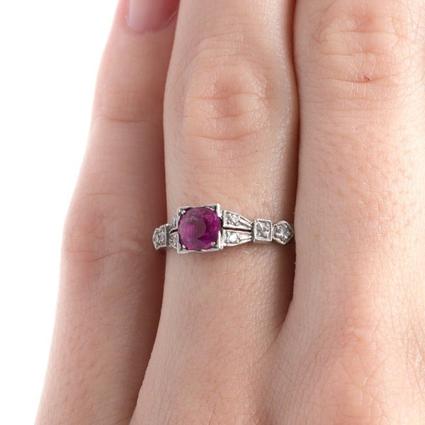 Classic Art Deco Platinum Engagement Ring with Pink Sapphire and Diamonds | Marietta from Trumpet & Horn