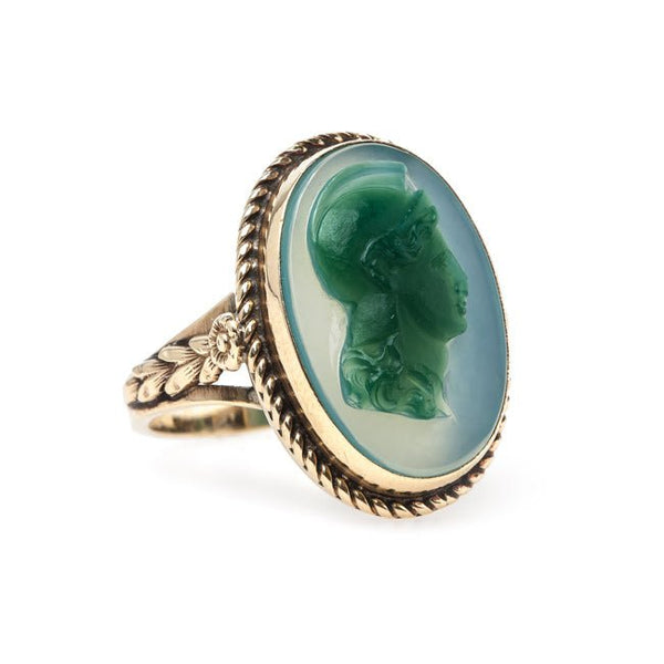 Classic Victorian Era Green Agate Cameo Ring | Milford Sound from Trumpet & Horn