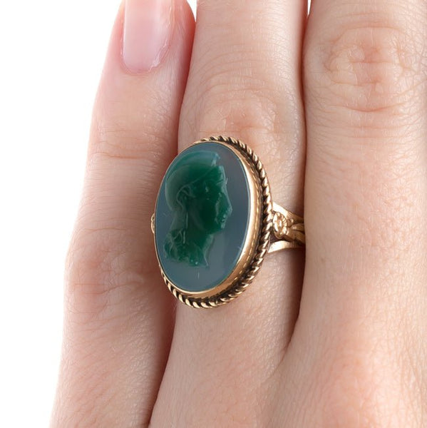 Classic Victorian Era Green Agate Cameo Ring | Milford Sound from Trumpet & Horn