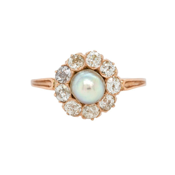 Lovely Gray-Pink Pearl & Diamond Halo Ring from Victorian Era| Minetta