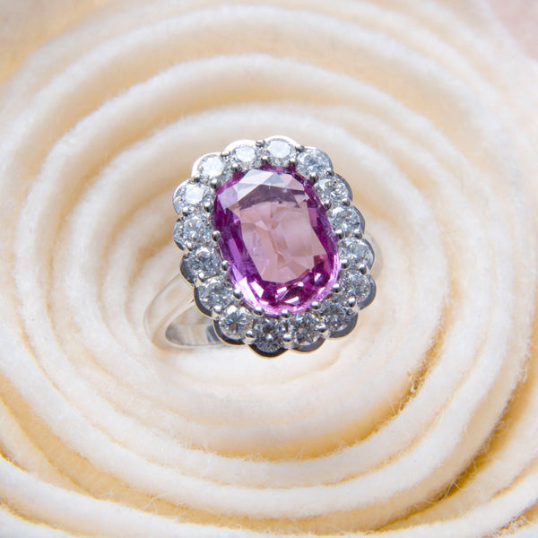A Delightful Contemporary Pink Topaz and Diamond Halo Ring | Miramar