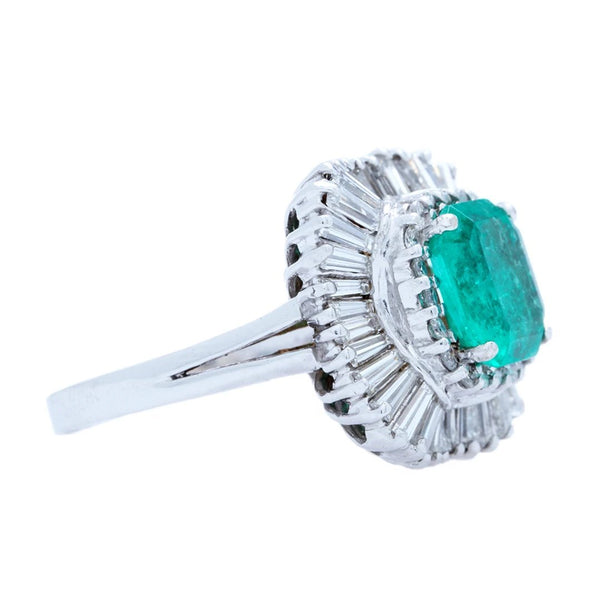 Monrovia | A gorgeous and authentic Mid-Century era 14k white gold ballerina ring featuring a fabulous 2.65ct step cut emerald