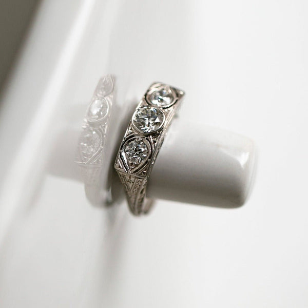 Vintage Fine Filigree Platinum Art Deco Three-Stone Diamond Ring | Orizaba at Trumpet & Horn