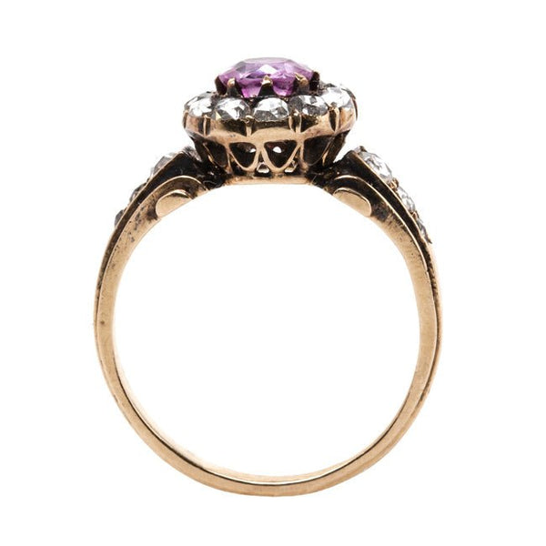 Early Victorian Yellow Gold Engagement ring with Ceylon Sapphire and Halo of Rose Cut Diamonds | Pasadena from Trumpet & Horn