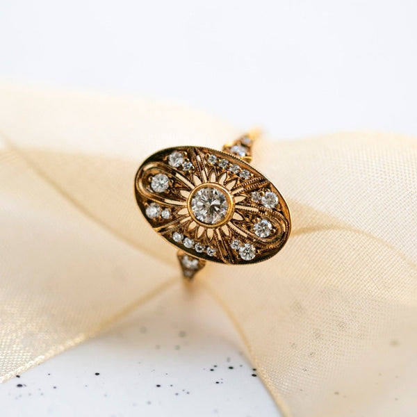 Edwardian style lacy Rose Gold Diamond Engagement Ring | Navette Dinner Ring | Peachtree