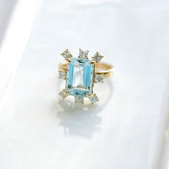 HUGE 7.03ct Aquamarine & Emerald Cut Diamond Halo Cocktail Ring | Pescadero