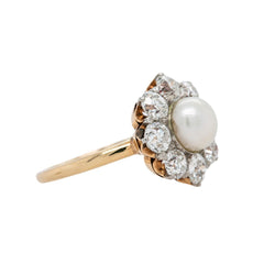 Sweet & Sophisticated Platinum & Yellow Gold Pearl & Diamond Halo Engagement Ring | Pheasant Run