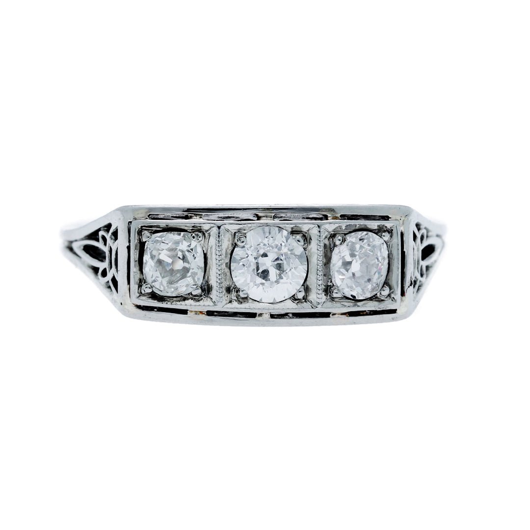 A Tasteful Art Deco White Gold and Diamond Three-Stone Engagement Ring | Ridge Hill